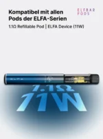 ELFBAR ELFA Basisgerät mit nachfüllbarem 1,1-Ohm-Pod und Darstellung der Leistung von 11 Watt.