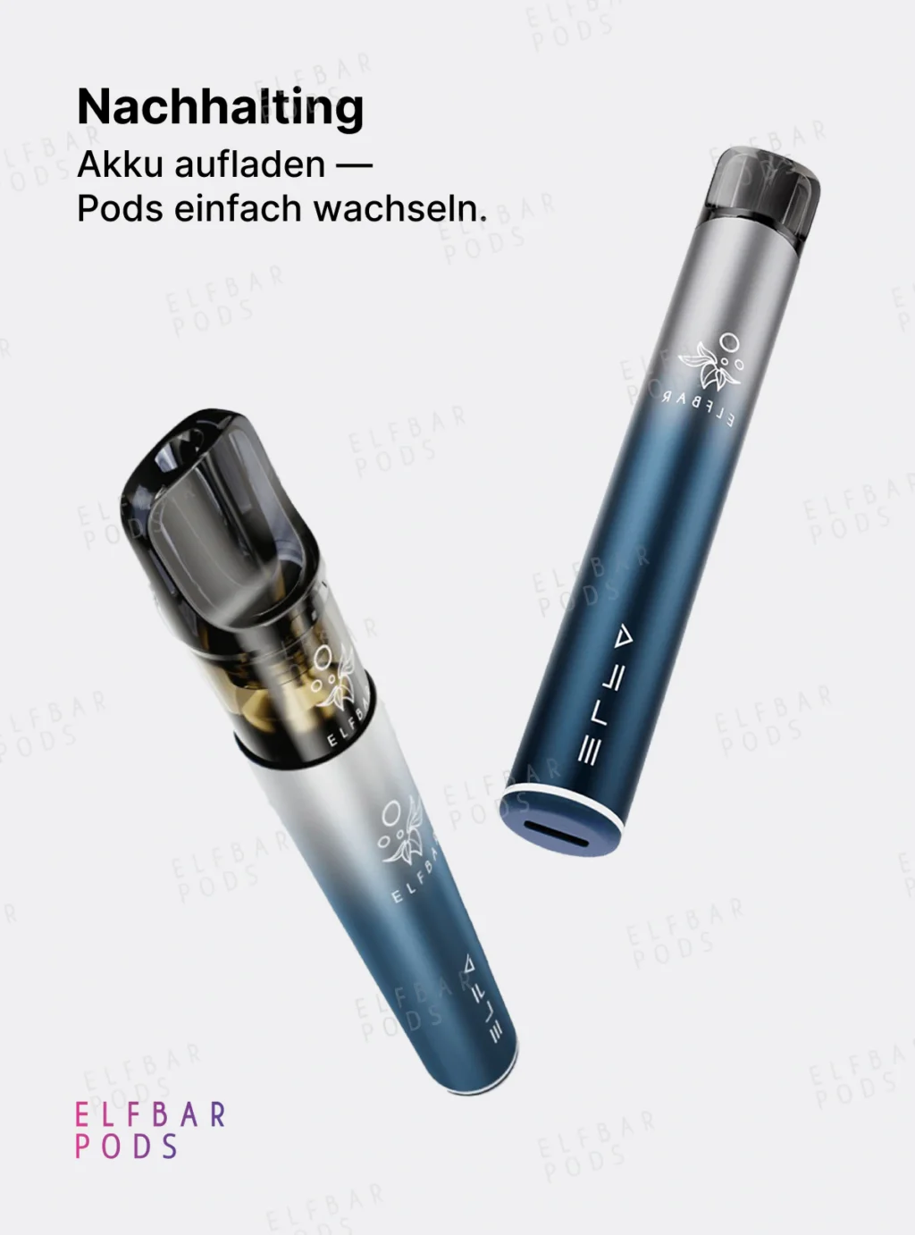 ELFBAR ELFA Basisgerät und abgenommener Pod zur Erklärung des wiederverwendbaren Pod-Systems.