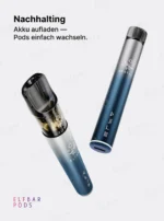 ELFBAR ELFA Basisgerät und abgenommener Pod zur Erklärung des wiederverwendbaren Pod-Systems.
