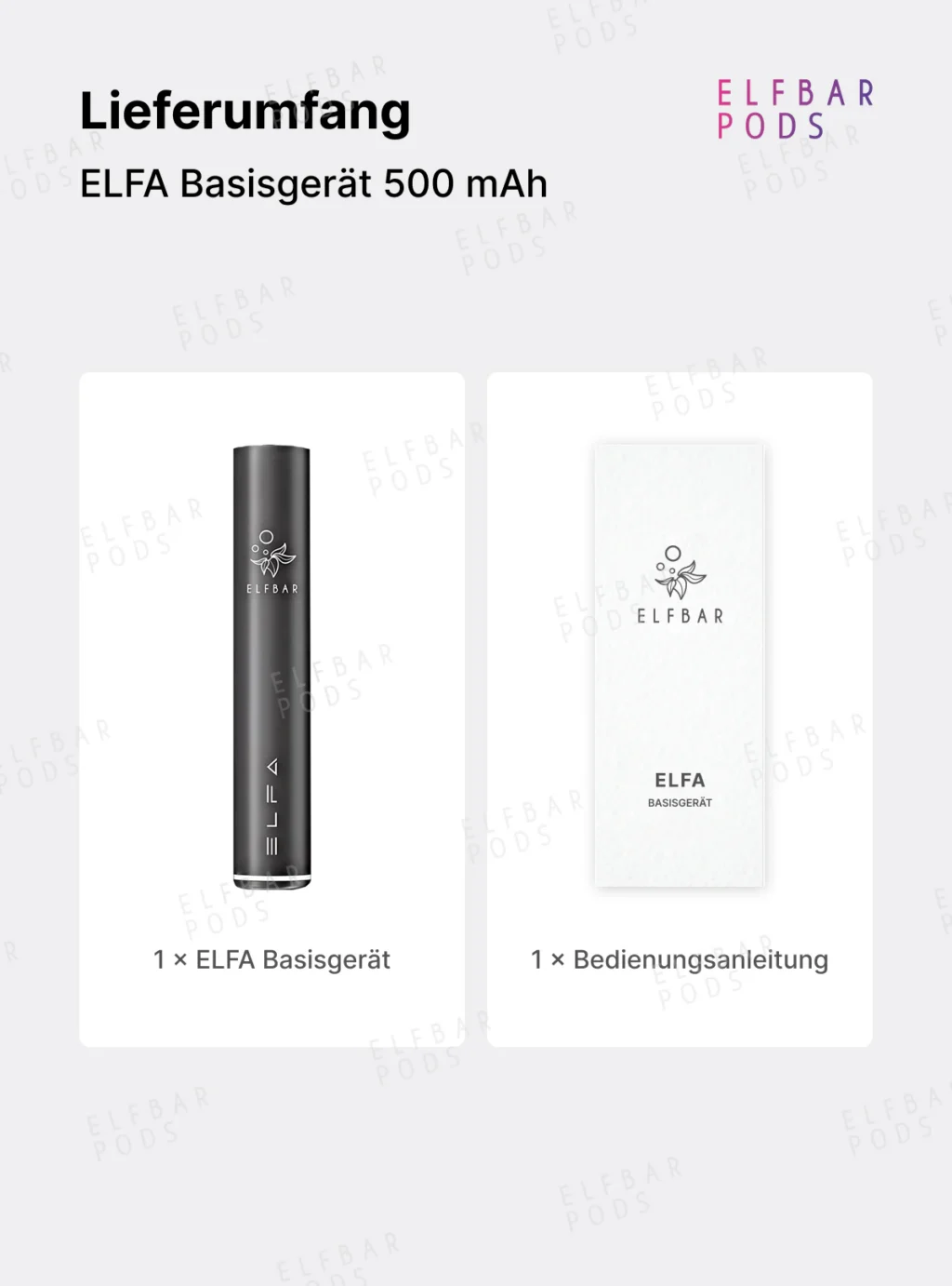 Lieferumfang des ELFBAR ELFA Basisgeräts mit 500-mAh-Akku und Bedienungsanleitung.