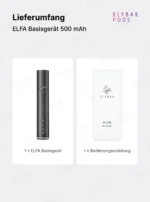 Lieferumfang des ELFBAR ELFA Basisgeräts mit 500-mAh-Akku und Bedienungsanleitung.