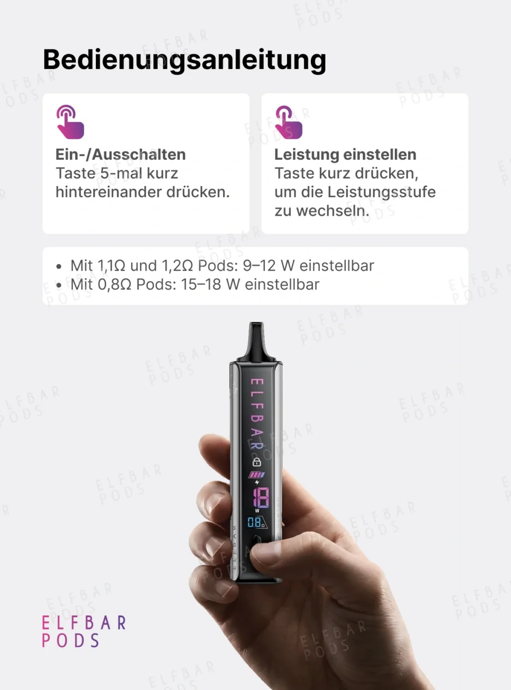 Anleitung zum Ein- und Ausschalten sowie Einstellen der Leistung beim ELFBAR ELFA Master.