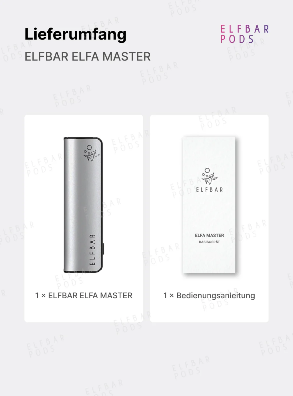 Lieferumfang des ELFBAR ELFA Master mit Gerät und Bedienungsanleitung.