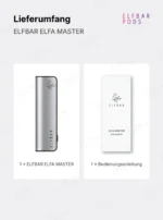 Lieferumfang des ELFBAR ELFA Master mit Gerät und Bedienungsanleitung.