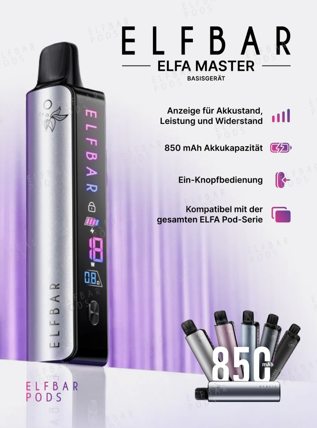 ELFBAR ELFA Master mit 850-mAh-Akku und Übersicht zu Anzeige, Bedienung und Pod-Kompatibilität.