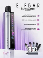 ELFBAR ELFA Master mit 850-mAh-Akku und Übersicht zu Anzeige, Bedienung und Pod-Kompatibilität.