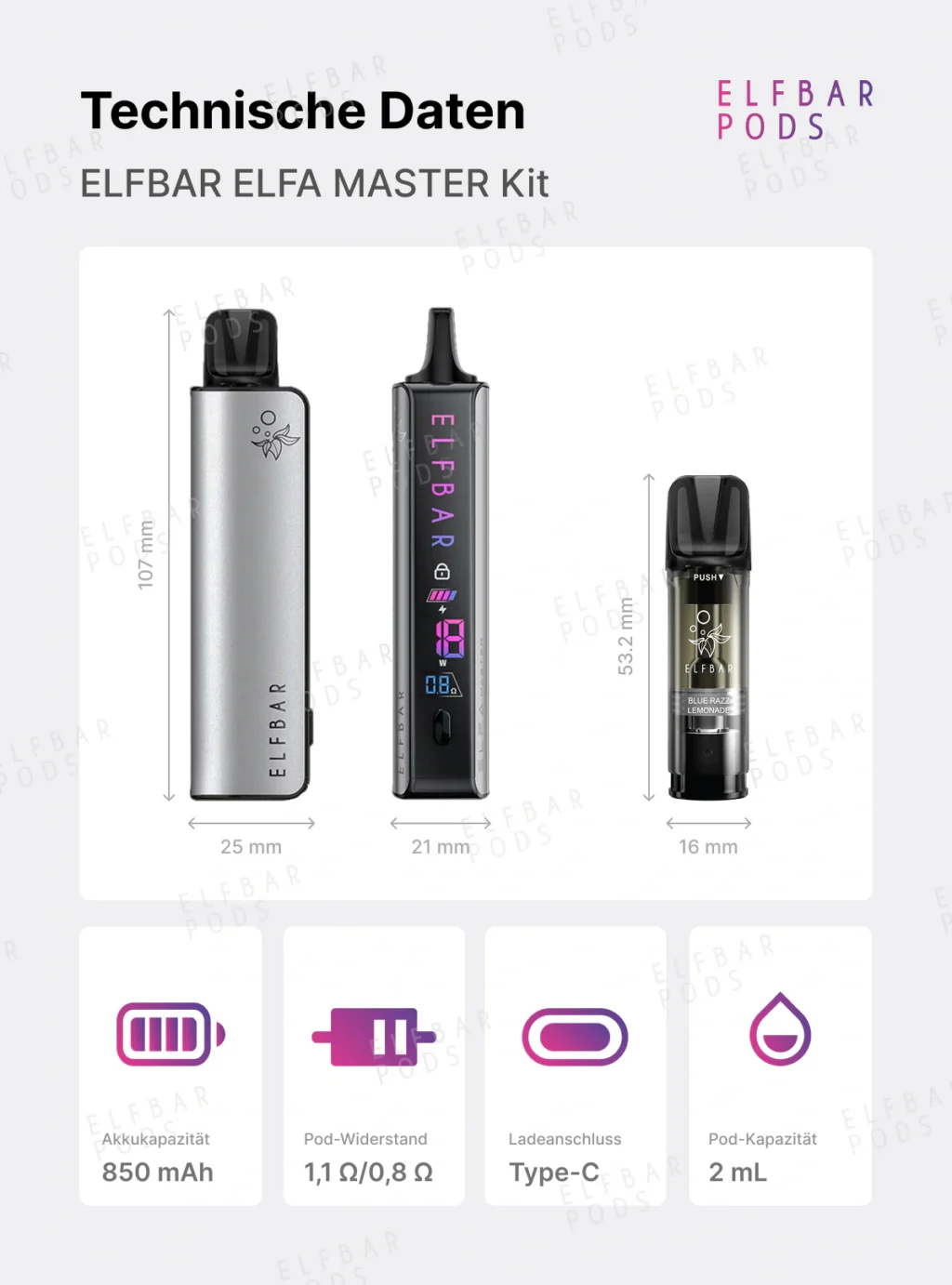 ELFBAR ELFA Master mit Abmessungen und Übersicht der technischen Daten von Gerät und Pod.