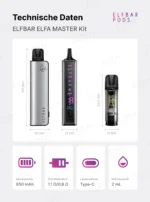 ELFBAR ELFA Master mit Abmessungen und Übersicht der technischen Daten von Gerät und Pod.