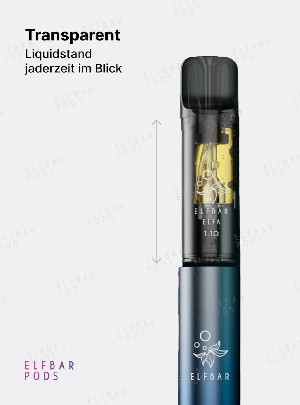 Nahaufnahme eines transparenten ELFA Pods mit sichtbarem Liquidstand auf einem blauen Basisgerät.