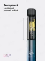 Nahaufnahme eines transparenten ELFA Pods mit sichtbarem Liquidstand auf einem blauen Basisgerät.