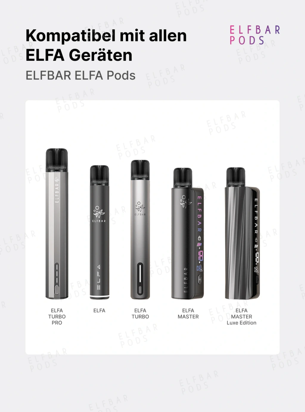 ELFBAR ELFA Pods – kompatibel mit allen ELFA Geräten, einschließlich ELFA Turbo Pro, ELFA Turbo, ELFA Master und Master Luxe Edition.