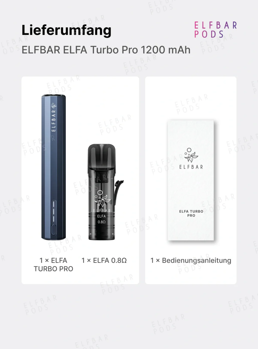 Lieferumfang des ELFBAR ELFA Turbo Pro mit blauem Gerät, Pod und Bedienungsanleitung.