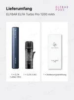 Lieferumfang des ELFBAR ELFA Turbo Pro mit blauem Gerät, Pod und Bedienungsanleitung.
