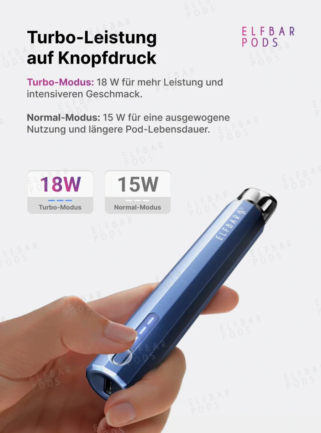 Blauer ELFBAR ELFA Turbo Pro in der Hand mit Übersicht zum Turbo-Modus mit 18 Watt und Normal-Modus mit 15 Watt.