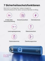 Übersicht der sieben Sicherheitsfunktionen des ELFBAR ELFX 2 mit Gerätevorschau.