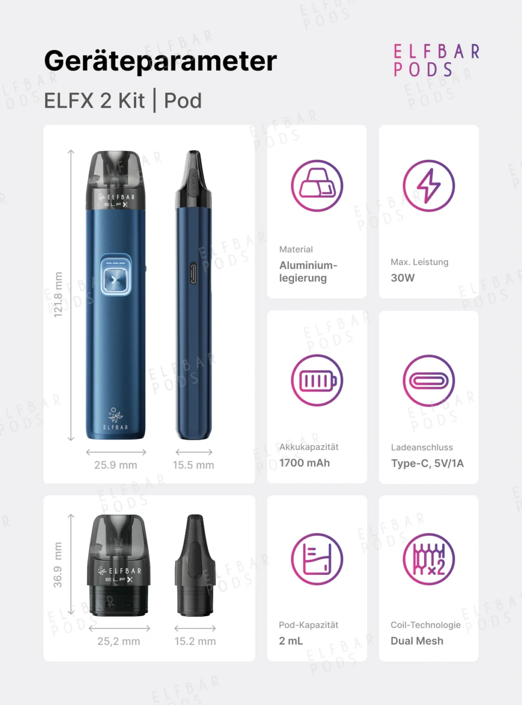 ELFBAR ELFX 2 mit technischen Daten und Abmessungen des Geräts und der Pods.