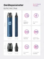 ELFBAR ELFX 2 mit technischen Daten und Abmessungen des Geräts und der Pods.