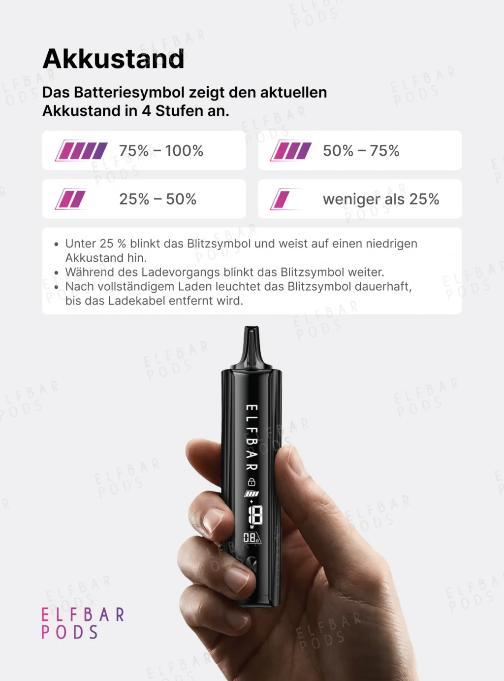 ELFBAR ELFA Master Luxe mit Erklärung der vier Stufen der Akkustandsanzeige.