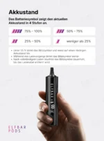 ELFBAR ELFA Master Luxe mit Erklärung der vier Stufen der Akkustandsanzeige.