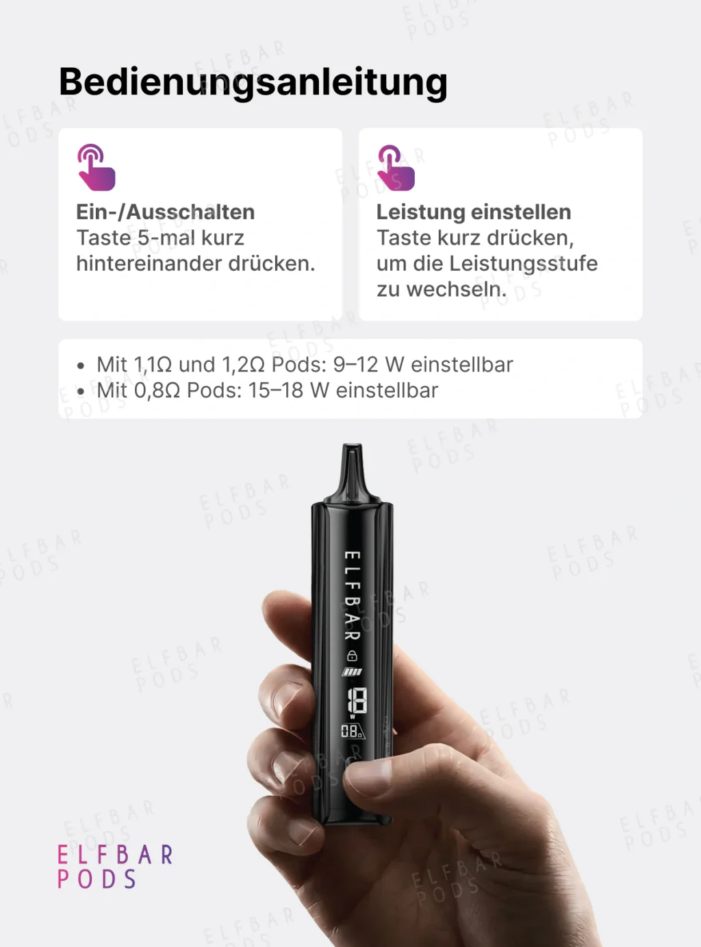 Anleitung zum Ein- und Ausschalten sowie Einstellen der Leistung beim ELFBAR ELFA Master Luxe.