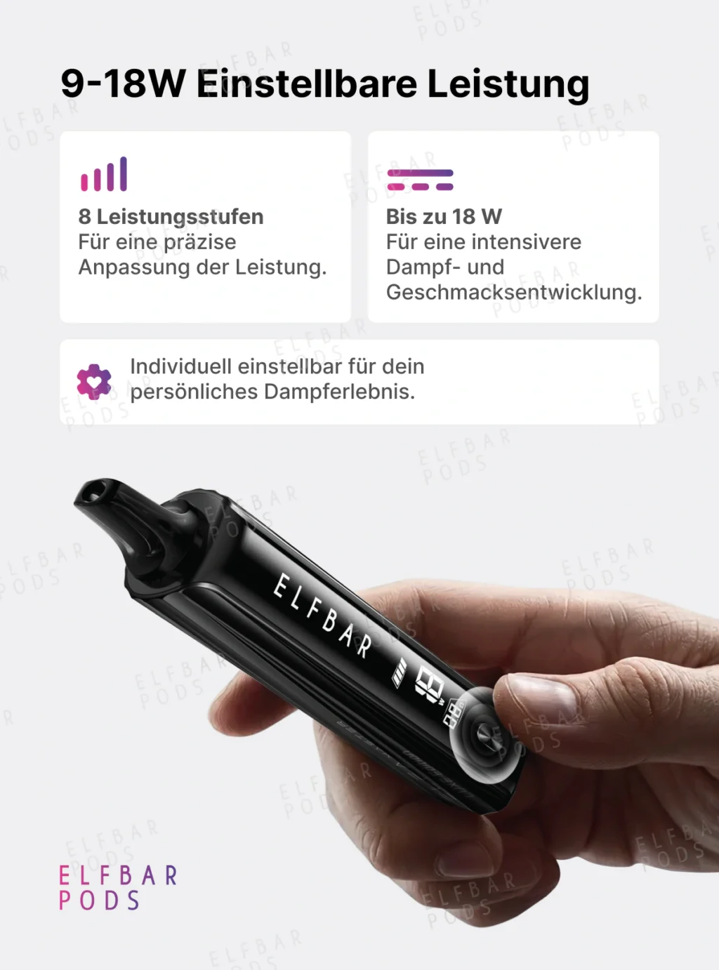 ELFBAR ELFA Master Luxe in der Hand mit Übersicht zur einstellbaren Leistung von 9 bis 18 Watt.