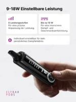 ELFBAR ELFA Master Luxe in der Hand mit Übersicht zur einstellbaren Leistung von 9 bis 18 Watt.