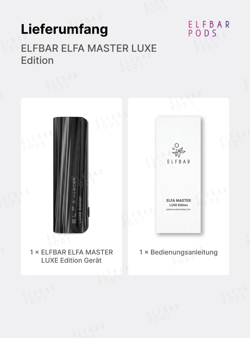Lieferumfang des ELFBAR ELFA Master Luxe mit Gerät und Bedienungsanleitung.