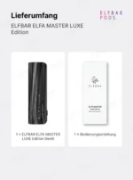 Lieferumfang des ELFBAR ELFA Master Luxe mit Gerät und Bedienungsanleitung.