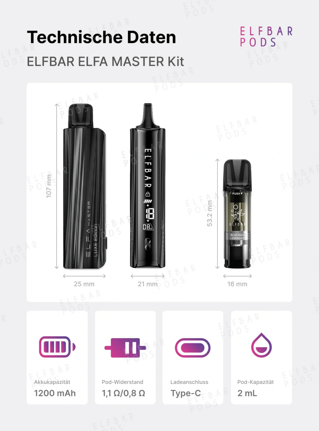 ELFBAR ELFA Master Luxe mit Abmessungen und Übersicht der technischen Daten von Gerät und Pod.