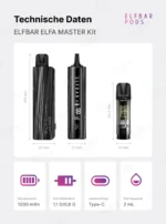 ELFBAR ELFA Master Luxe mit Abmessungen und Übersicht der technischen Daten von Gerät und Pod.