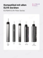 ELFBAR ELFA Filter Series ist mit allen ELFA Geräten kompatibel, darunter ELFA, ELFA Turbo, ELFA Turbo Pro, ELFA Master und ELFA Master Luxe Edition.