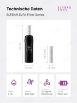 Technische Daten der ELFBAR ELFA Filter Series mit Abmessungen von Pod und Filter Tip, 2 ml Füllvolumen, bis zu 600 Zügen, 20 mg/ml Nikotinsalz und 1,2 Ω Mesh Coil.
